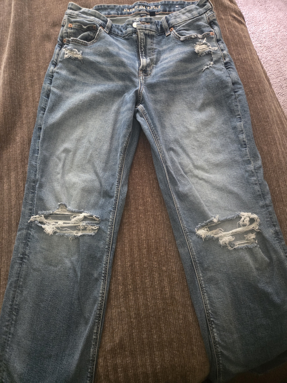 American Eagle Light Blue Stretch Denim Jeans with Brown Stitching